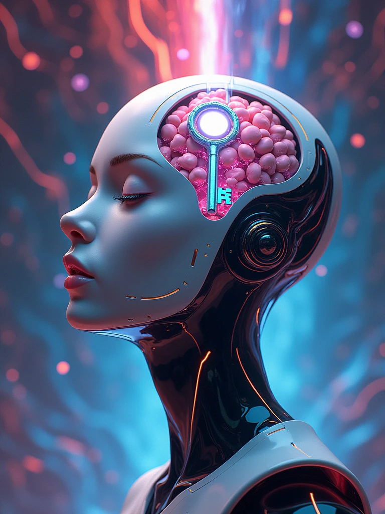 humanoid head ,mind being opened , by futuristic key , key to knowledge , curiosity key , with vibrant colors , bright coloured , pschidec background