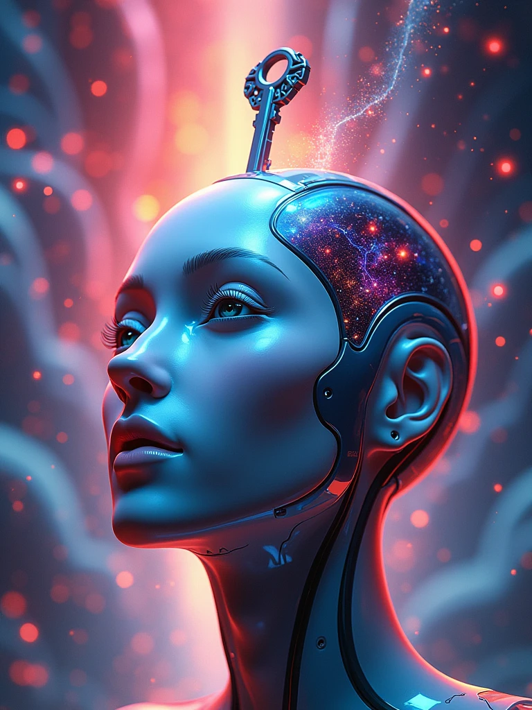 humanoid head ,mind being opened , by futuristic key , key to knowledge , curiosity key , with vibrant colors , bright coloured , pschidec background