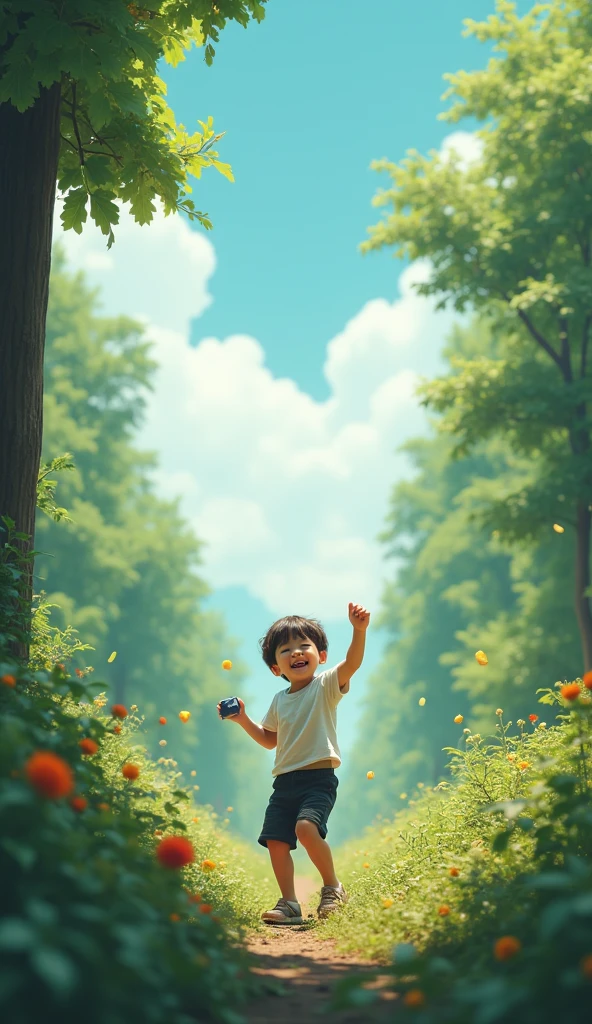 a boy playing with toys in the surrounding of forest and cloudy weather. the boy wearing white shirt and black shorts. the image should be in infinity looking