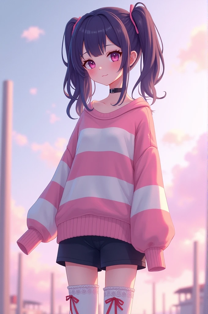 make me a 16 year old melancholic girl with dark purple pigtails. Vtuber design. Give her an off one shoulder pink and white striped oversized sweater. Black shorts or skirt. Leg warmers and Mary Jane's.