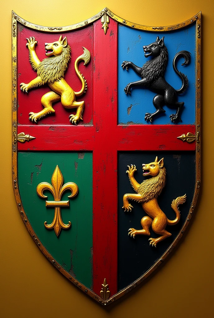 Create a shield for the Bolaños and Chacon families, with a red Calatrava cross charged with five silver scallops and azure and silver wave tips, rampant lion and the green tablecloth, goat on a field of gold, golden fleur-de-lis and a black wolf of saple, with the colors red, dorado, blue and green