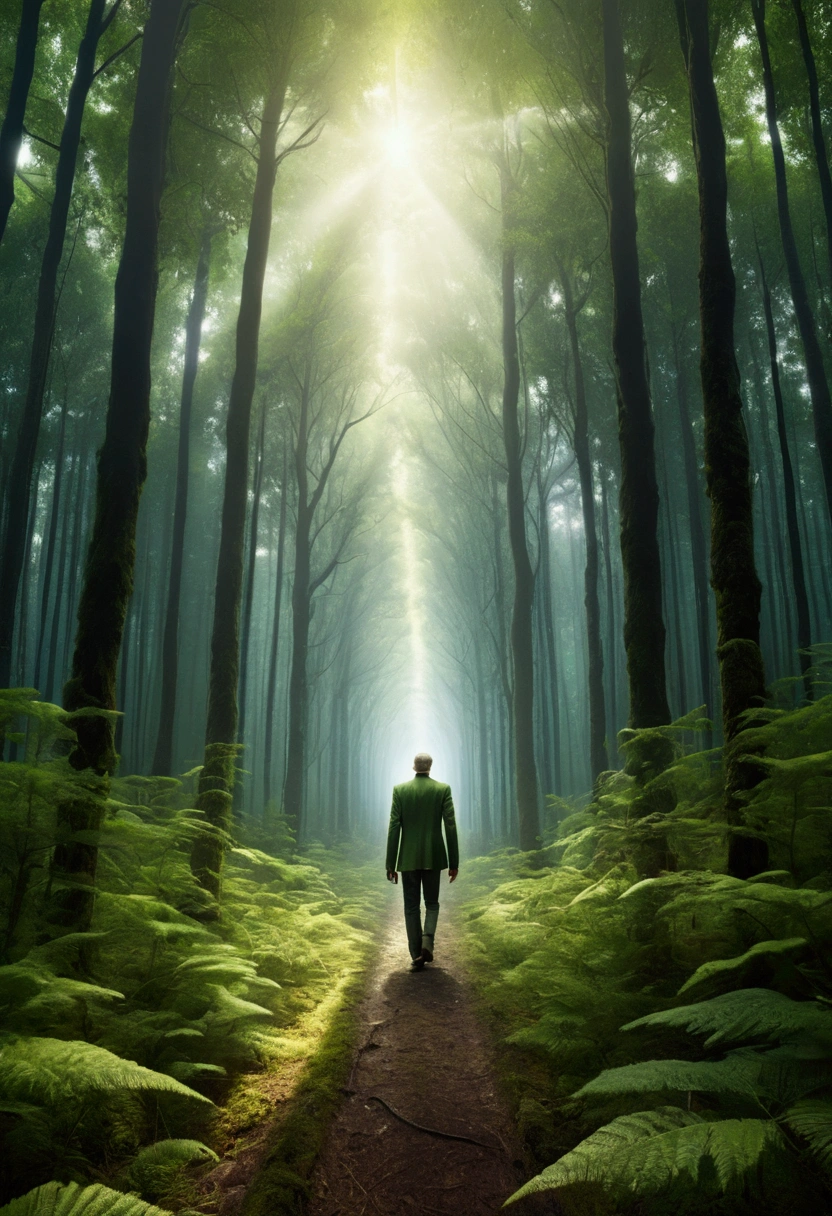 ultra wide view infinity photo of a man is walking into the middle of the forest