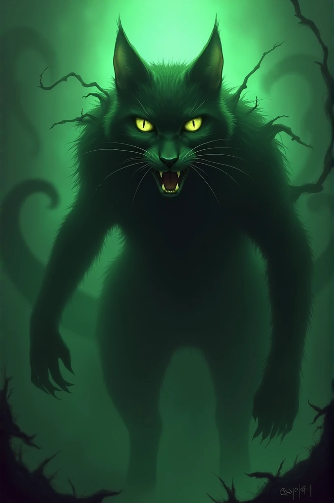 Terrible cat green and dark colors, that of fear and terror 
