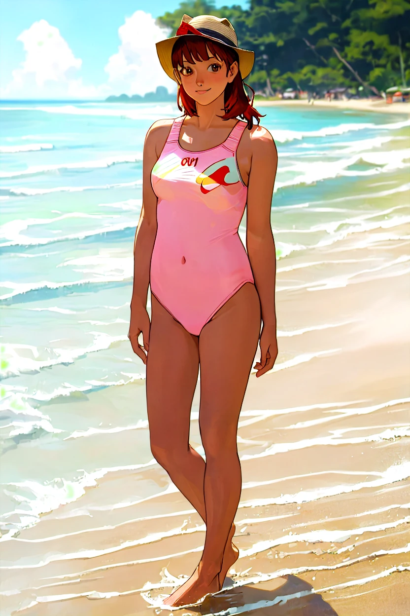 anime girl in white dress on beach with umbrellas in background, in the beach, swimsuit, inspired by Tomer Hanuka, otto schmidt, girl on the beach, bathing suit, beautiful comic art, wet swimsuit, at the beach, cute girl wearing tank suit, by Tomer Hanuka, at a beach, on a beach, standing at the beach