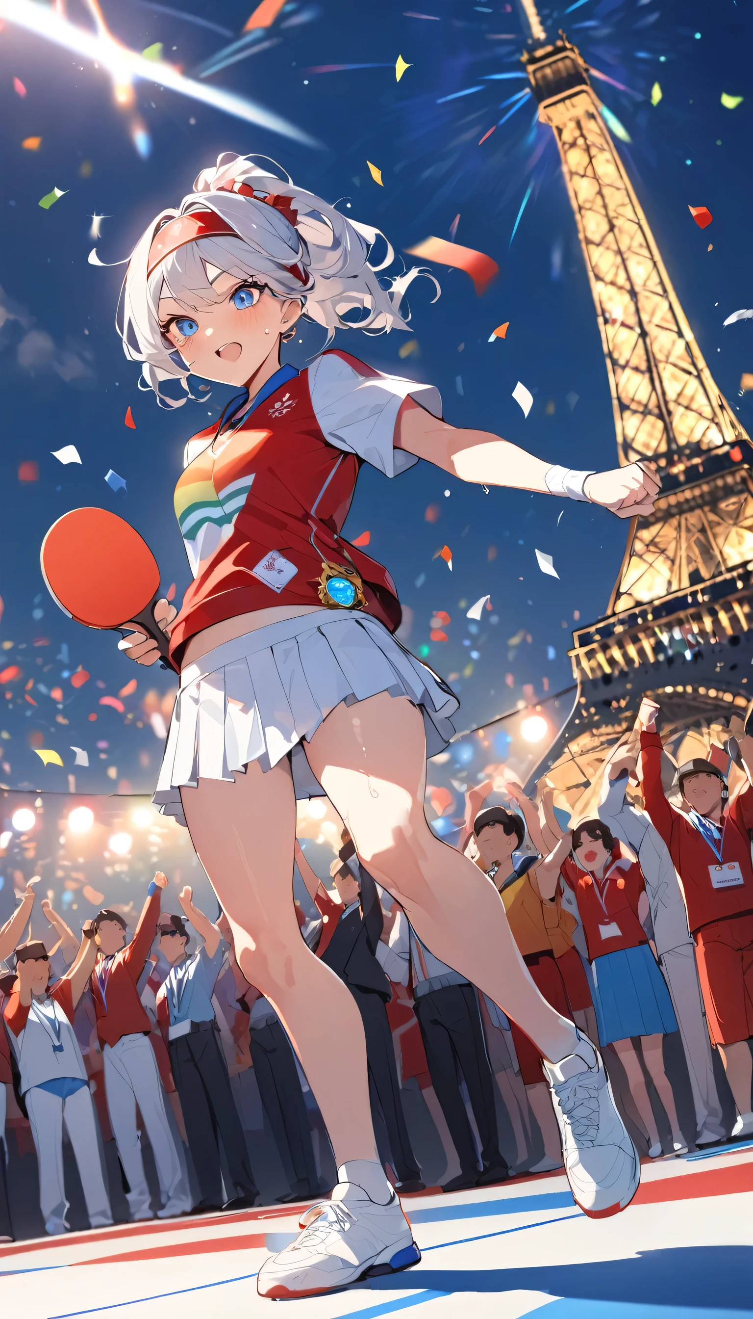 best quality, Good quality, 16K, Unbelievably ridiculous, Very detailed, 2.5D, Delicate and dynamic, Blue sky , table tennis, Table tennis competition,拿table tennis拍,Tight sportswear,table tennis拍击球,Sweat,Short skirt,sexly的17岁女孩,挥动table tennis拍,Olympic,Olympic Games uniforms,Big ,sexly,Hit Ping Pong,Headband,Vision,whole body,crowd,A lot of people, Colorful contrails, Confetti, Olympic flag, crowd, audience, A lot of people々, gentlemen.々Race, gentlemen.々age, men and women, gentlemen.々nationality, Many flags,Under the Eiffel Tower,