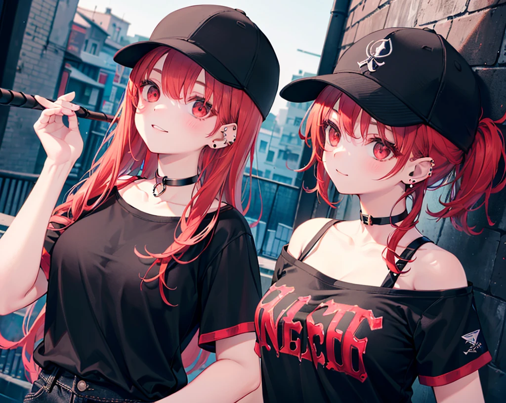 (Close-up:1.3),Realistic,Highest quality, Ultra Detail, High-quality CG rendering, The most delicate and beautiful, Floating softly, High resolution, (1 girl), (Highest quality,4K,8k,masterpiece:1.2),(All red hair:1.5), (semi-long:1.5),(Red eyes:1.5),(Slightly larger breasts:1.2), (Oversized black short sleeve t-shirt:1.5),(Black skinny jeans:1.5),(Black baseball cap:1.5),In the city,old buildings,Narrow back alley,smile,(Piercing in left ear:1.3),(Pitch black choker:1.5)