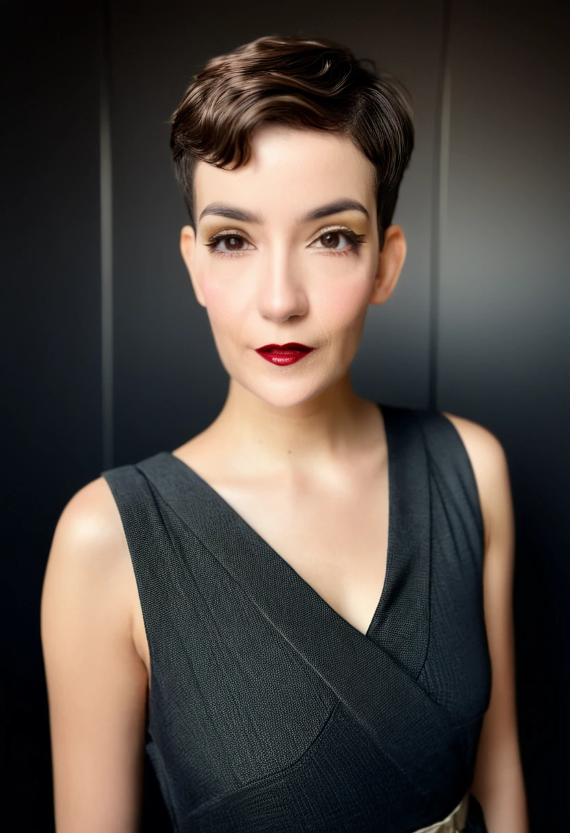 22 yrs Beautiful woman, (ultra short pixie haircut), right side hair part, ((bald fade)), Flowing sleeveless Dress, (close-up, editorial photograph), [[Wide-angle photo]], (background inside dark, moody, private study:1.3), full body portrait, by lee jeffries, nikon d850, film stock photograph, 4 kodak portra 400, camera f1.6 lens, rich colors, hyper realistic, lifelike texture, dramatic lighting, cinestill 800, eye contact, faint smile, 1920s style, , soft makeup, Dark Hazel eyes, Eye contact, young woman in her 20's,
