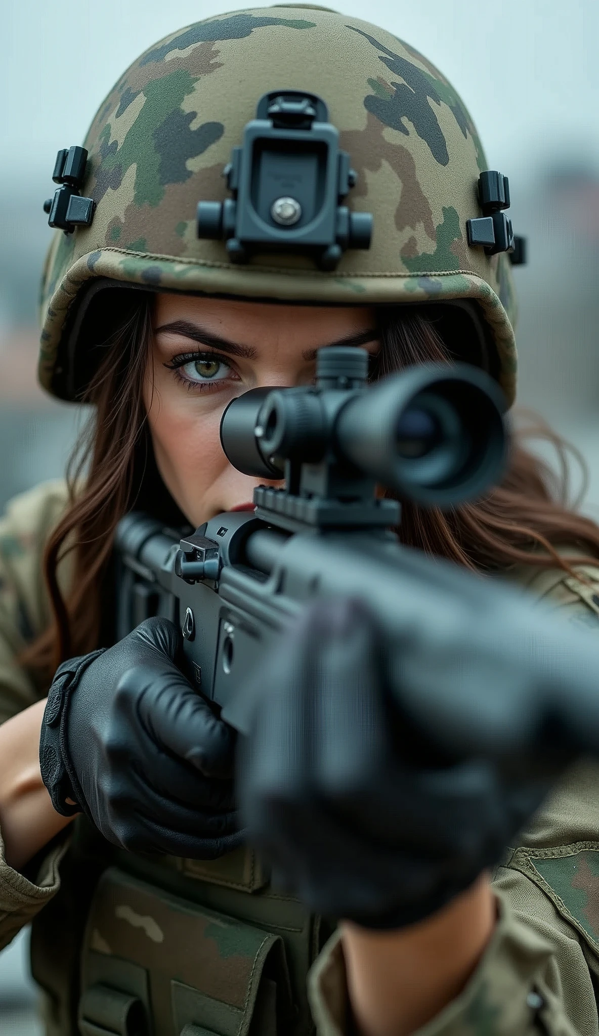 (masterpiece),(Highest quality),(High resolution),(Very detailed),8k,wallpaper,(One Woman:1.6),(Beautiful Face,Beautiful Eyes,Beautiful Hair,Beautiful Skin),(Serious),BREAK(((sniper rifleで何かを狙う:1.5))),((Look through the scope and take aim:1.6)),(Face down:1.6)((Close one eye:2.0)),(((sniper rifle))),((SWAT Uniforms,Bulletproof vest, Combat Boots,Tactical Headset,Tactical Helmet)),(The background is the rooftop of an abandoned building:1.6),(((Background Blur))),(sniper rifleの詳細図:1.3)