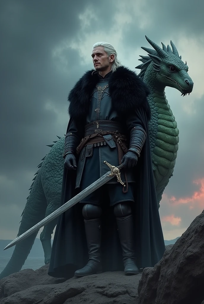 "Depict Jon Snow as Aegon Targaryen, Six of His Name, the Prince That Was Promised. He stands with a commanding presence, wearing dark armor with silver accents, a long black fur cloak draped over his shoulders. His hair is a mixture of dark and silver strands, and his eyes are fierce with determination. In one hand, he holds a Valyrian steel sword with a faint glow, symbolizing his destiny. By his side, Rhaegal, a powerful green dragon with shimmering scales, stands protectively, his wings partially spread and ready to take flight. The background shows a dramatic, stormy sky with hints of fire and ice, representing the duality of Jon's lineage and his role in the prophecy. His expression is intense, as if he is ready to face whatever comes his way, with his dragon Rhaegal mirroring his resolve."