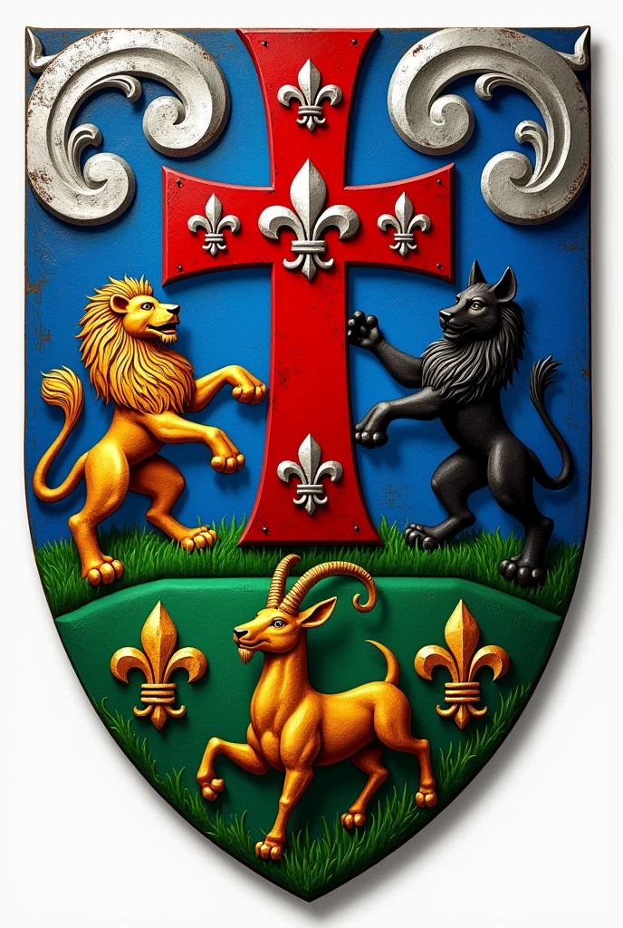 Create a family shield with a red Calatrava cross loaded with five silver scallops and azure and silver wave tips, rampant lion and the green tablecloth, goat on a field of gold, golden fleur-de-lis and a black wolf of saple, with the colors red, dorado, blue and green