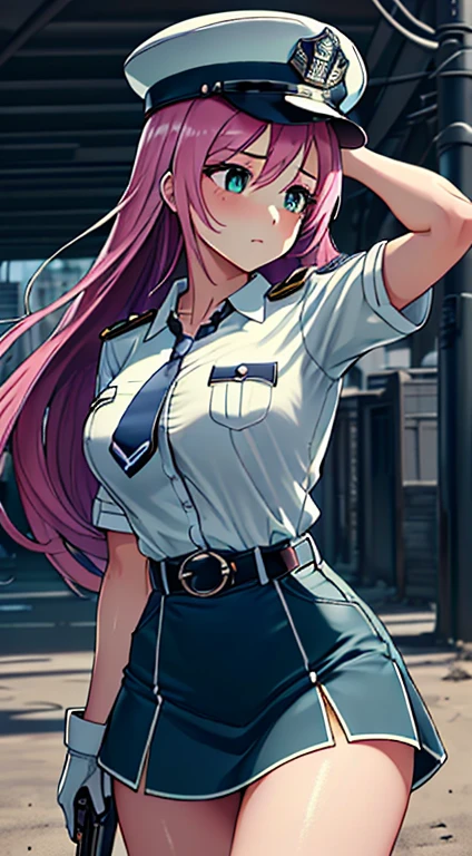 (((Perfect Anatomia, super detailed skin))), 1 girl, Japanese, Policerman, shining skin, breasts big:0.5, looking away, staring overhead, Observing the view,
cute hair, beautiful face, beautiful detailed eyes, (long hair), pink hair, bangss, hair between the eyes, Eyes green,
beautiful collarbone, Body cute, beautiful chest, beautiful thighs, beautiful legs, babyface, mole under the eye,
((Police Uniform, light blue short sleeve shirt, navy blue tie, high waist mini skirt), belt, whitegloves, police hat, shackles), seductive thighs,
(((aiming at viewer, holding pistol, handgun))), ,
(beautiful scenery), wasteland, city on fire,
8k, top-quality, masterpiece:1.2, extremely detaild),