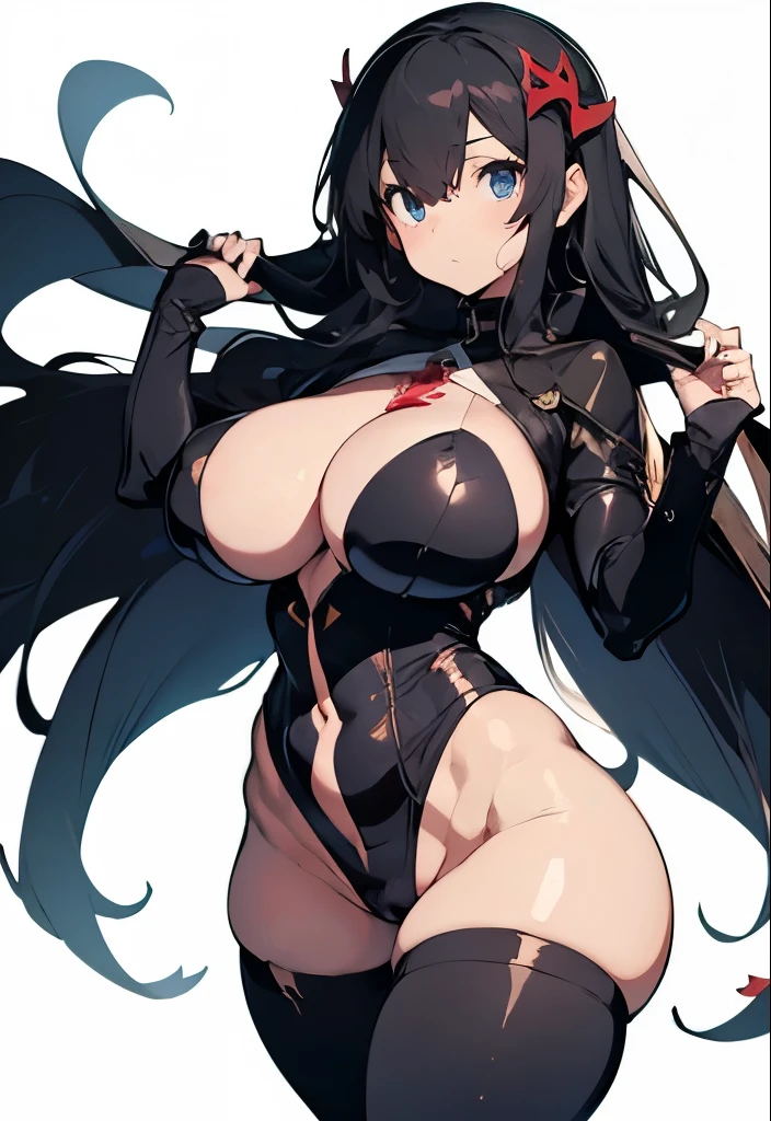 Beautiful spawn woman with exquisite figure, she has big round hanging tits, a thin waist with a strong abdomen, wide hips and strong and sexy thighs,round butt in the shape of a drop of water, tasty buttocks, she wears a skin tight spawn costume that accentuates her tits and cameltoe, ((plain white background)),lineart monochrome