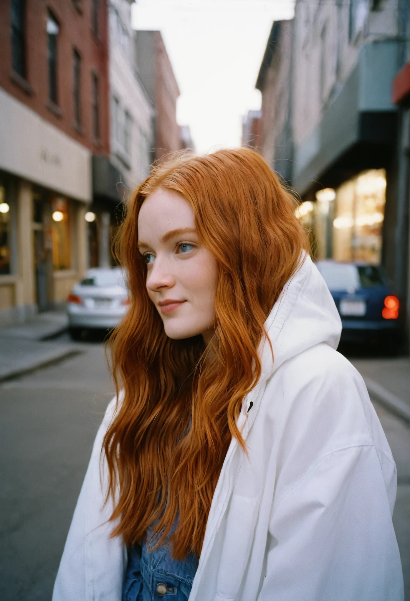 35mm, Fuji Superia 1600, ISO-1200, f/1.2, 0, 1/60, a close-up terry richardson style portrait of ((((ohwx woman:1.3)))), with long red hair, wearing a windbreaker and a white t-shirt underneath, ((lora:Polaroid Type_600_B_1.1:1)), in front of a restaurant in a small town alley, playfully smiling at the camera.