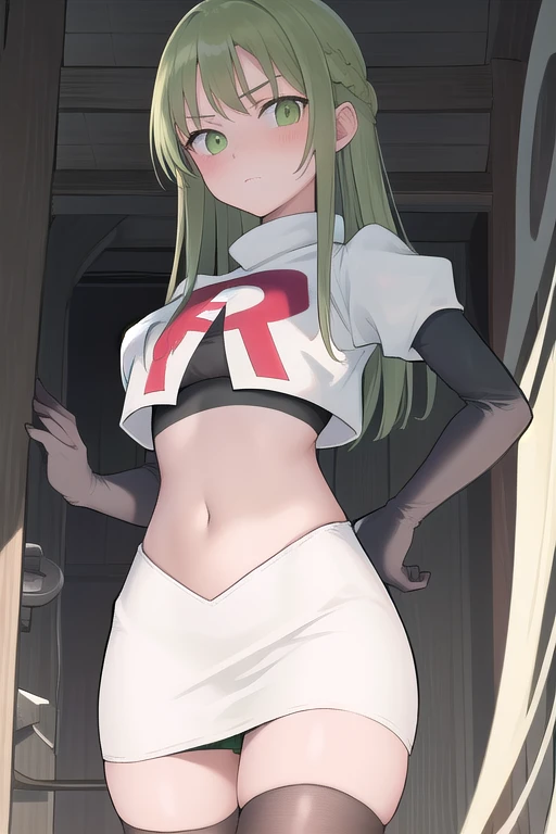 masterpiece, best quality, 1girl, solo, looking at viewer, blush, sitri, green eyes,green hair,team rocket,team rocket uniform,white skirt,red letter R,crop top,black thigh-highs,black elbow gloves