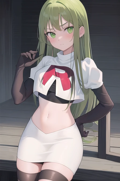 masterpiece, best quality, 1girl, solo, looking at viewer, blush, sitri, green eyes,green hair,team rocket,team rocket uniform,white skirt,red letter R,crop top,black thigh-highs,black elbow gloves