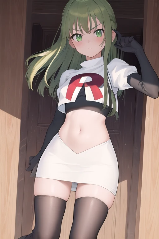 masterpiece, best quality, 1girl, solo, looking at viewer, blush, sitri, green eyes,green hair,team rocket,team rocket uniform,white skirt,red letter R,crop top,black thigh-highs,black elbow gloves