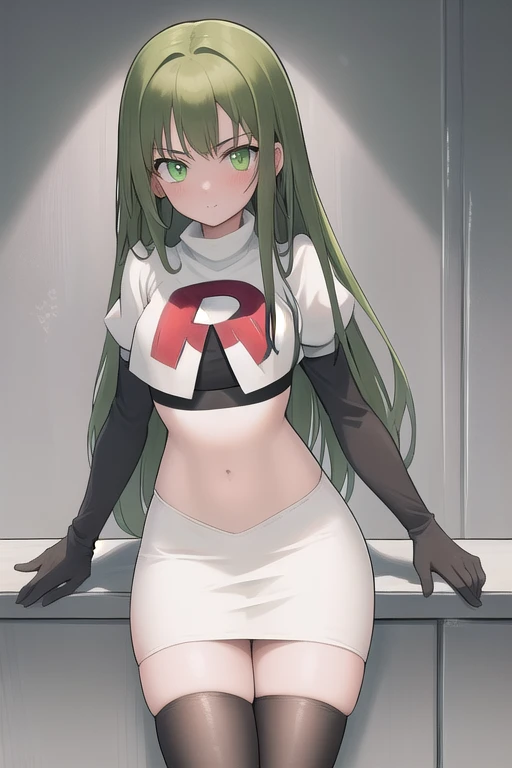 masterpiece, best quality, 1girl, solo, looking at viewer, blush, sitri, green eyes,green hair,team rocket,team rocket uniform,white skirt,red letter R,crop top,black thigh-highs,black elbow gloves