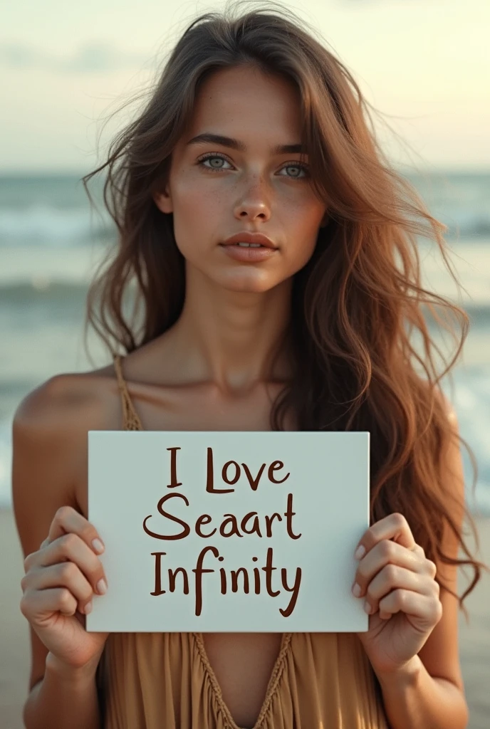 Beautiful girl with wavy long hair, bohemian dress, holding a white board with text "I Love Seaart Infinity" and showing it to the viewer