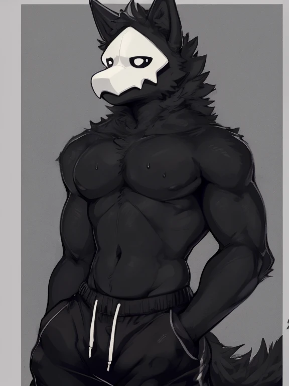 by zackary911, Puro, Puro (Changed), anthropomorphic, lean, slim, pecs, muscular, fit body, biceps, adult, tall, mature, anthro, fluffy tail, wolf tail, wolf ears, full body portrait, fully body in frame, black body, lean, anime, sfw, (sweatpants)