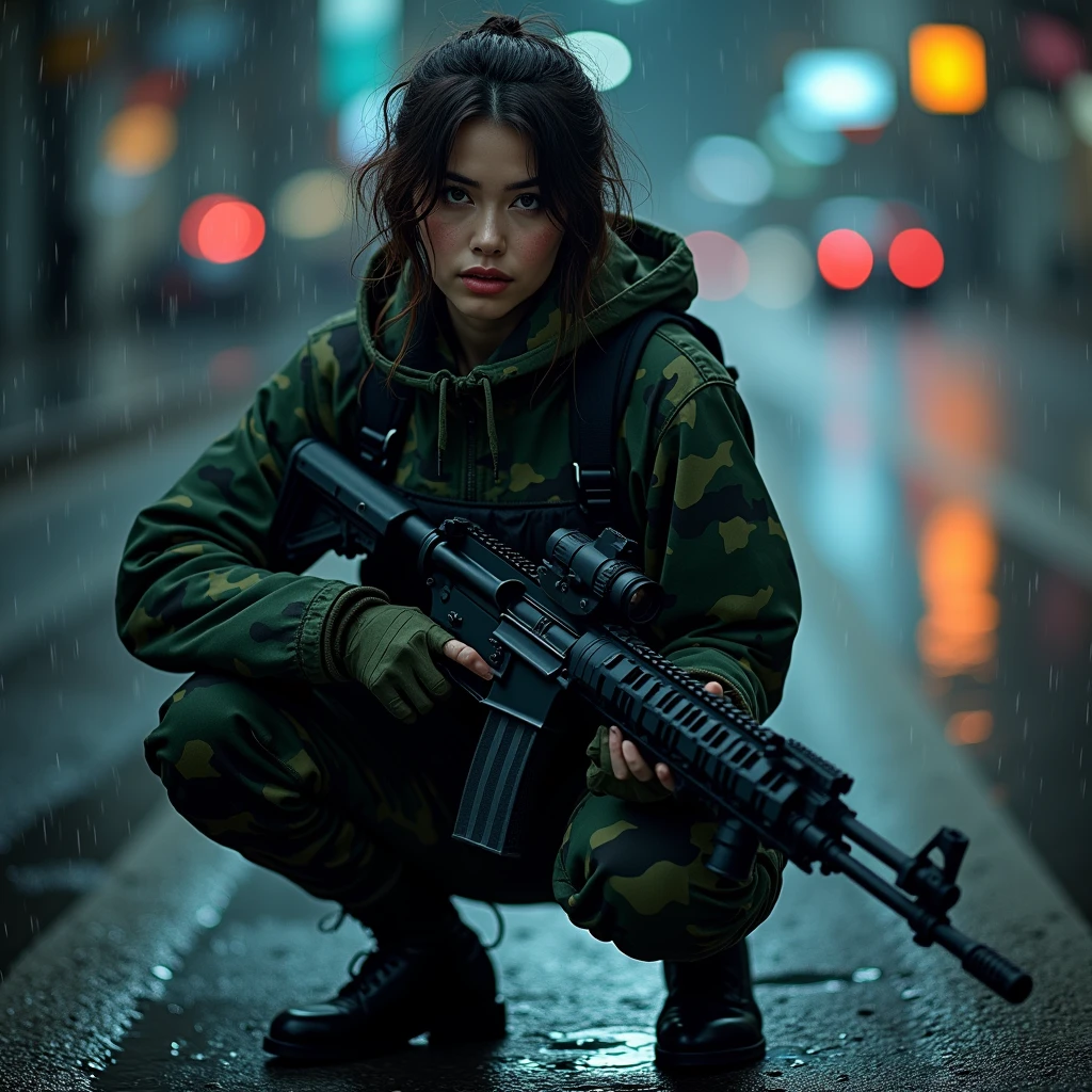 ((A young and very beautiful woman with full body night camouflage paint.、Squat with your legs wide apart。.:1.4))、(Shooting from a low angle to emphasize the crotch:1.5)、(Anatomically correct fingers:1.5)、(Carrying an assault rifle)、Attractive hairstyles、Ideal ratio、Porcelain-white skin、Looking into the camera、rainy night city street、Detailed face and body、Realistic、8k、Very detailed、Cinema Lighting、Dramatic Shadows、Complex clothing folds、Rich environment、Bright colors、