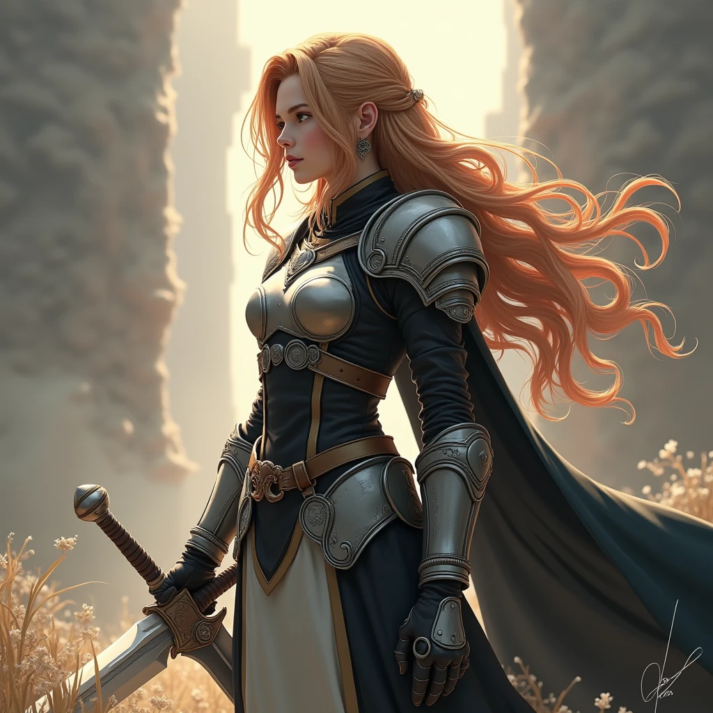 Theme of the game Final Fantasy. Image of a bronze-haired girl standing holding her favorite sword, wearing light armor in black and white, pastel colors, and dramatic tones. A masterpiece with the highest resolution , Image type semi-realistic