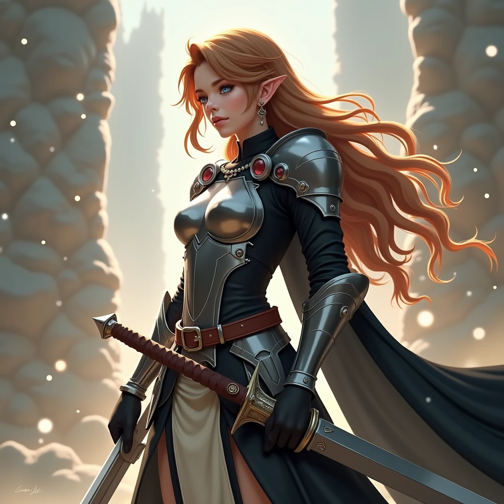 Theme of the game Final Fantasy. Image of a bronze-haired girl standing holding her favorite sword, wearing light armor in black and white, pastel colors, and dramatic tones. A masterpiece with the highest resolution , Image type semi-realistic