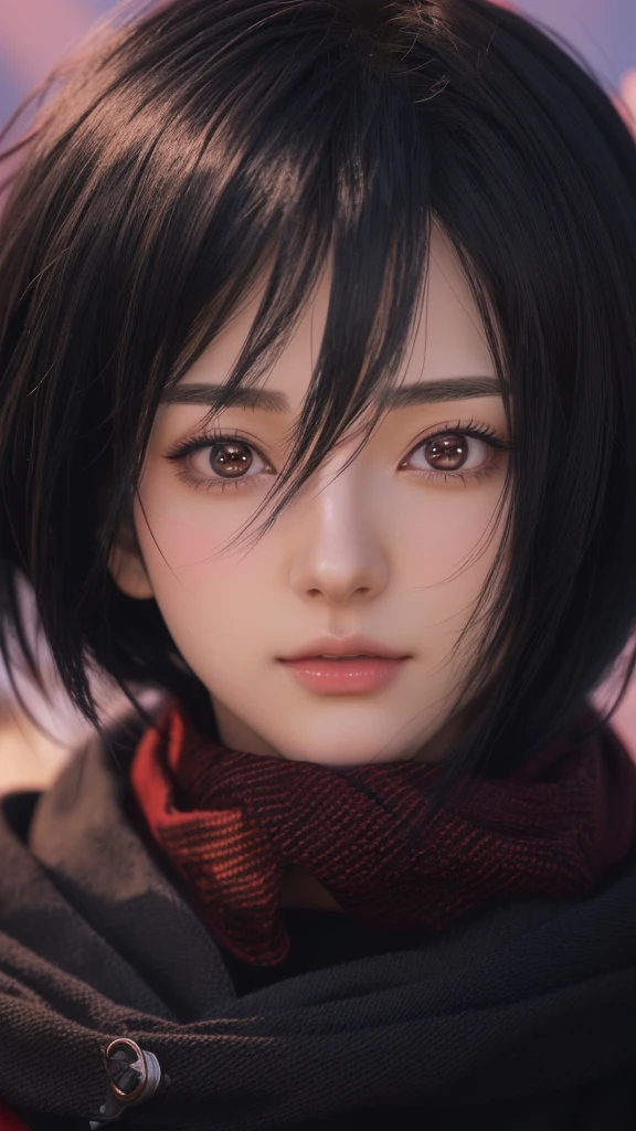 Anime girl with black hair and red scarf looking at camera, Photorealistic Animation, Photorealistic Animation girl render, Ultra realistic anime, Anime realism style, 8K Portrait Rendering, Stunning Anime Face Portraits, 3D Anime Real, Portrait of a female anime hero, Mikasa Ackerman, Real life anime girls, Realistic Anime 3D Style, anime cgi style