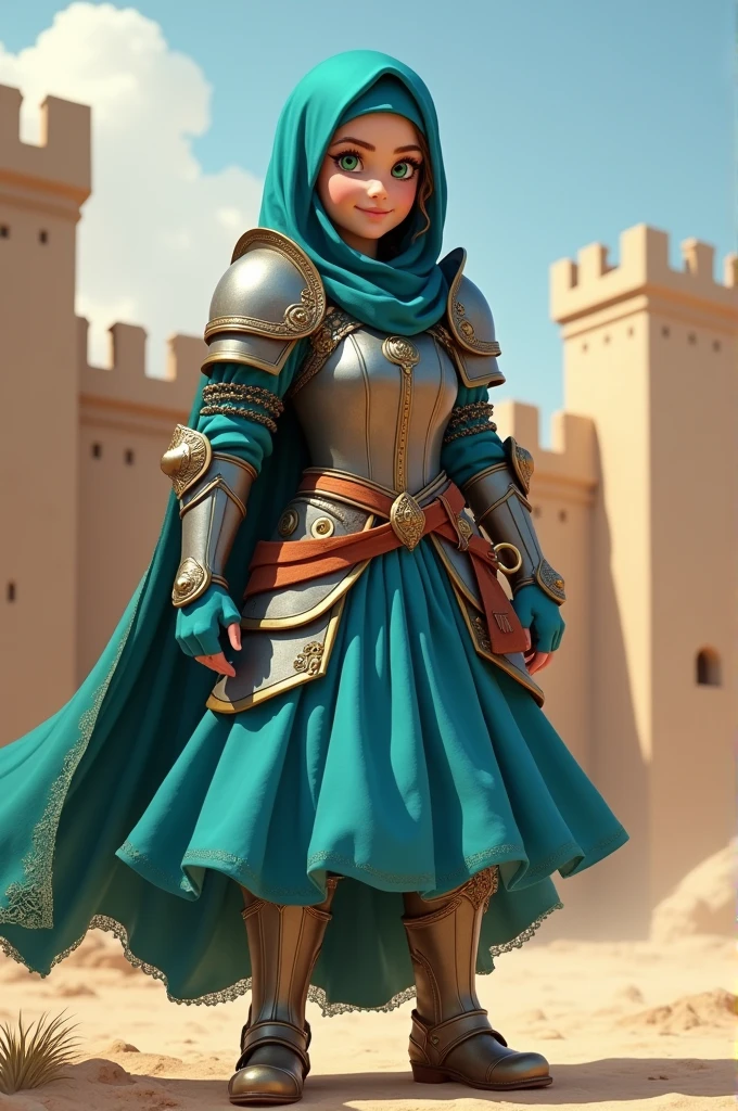 masterpiece, best quality:1.2), smiling at the viewer, arabian warrior princess girl with green eyes, wearing blue hijab headscarf, armor, armored dress, blue puffy princess skirt, green cape, armored boots, blue fingerless gloves, standing in front of desert castle