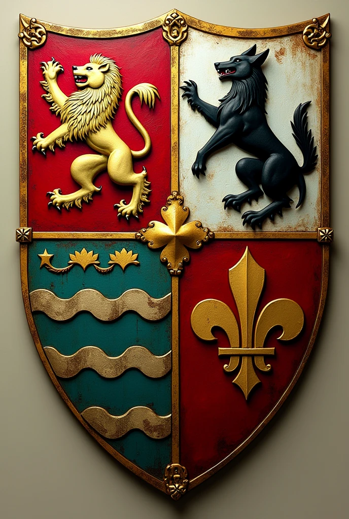 Create a family shield with a red Calatrava cross loaded with five silver scallops and azure and silver wave tips, rampant lion and the green tablecloth, goat on a field of gold, golden fleur-de-lis and a black wolf of saple, with the colors red, dorado, blue and green