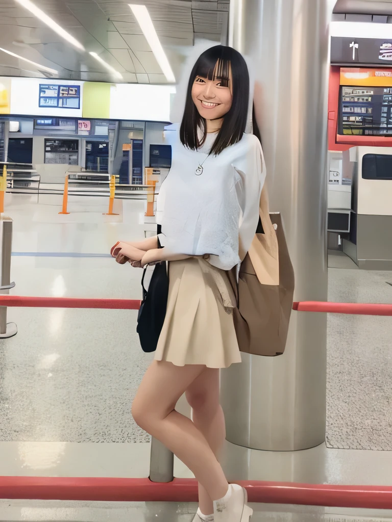 Highest quality,Super detailed,A woman looking at the ticket gate at Shibuya Station,Turn slightly to the side and look at me,White blouse,Red mini skirt,Posing for a photo,She is carrying a cute beige backpack.