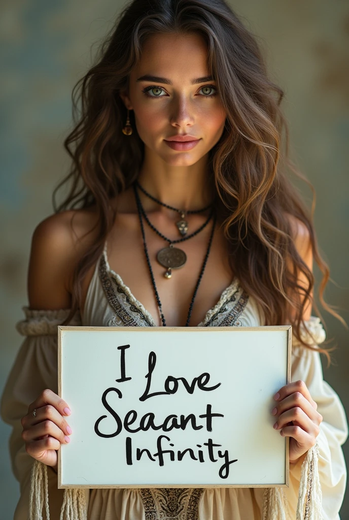 Beautiful girl with wavy long hair, bohemian dress, holding a white board with text "I Love Seaart Infinity" and showing it to the viewer