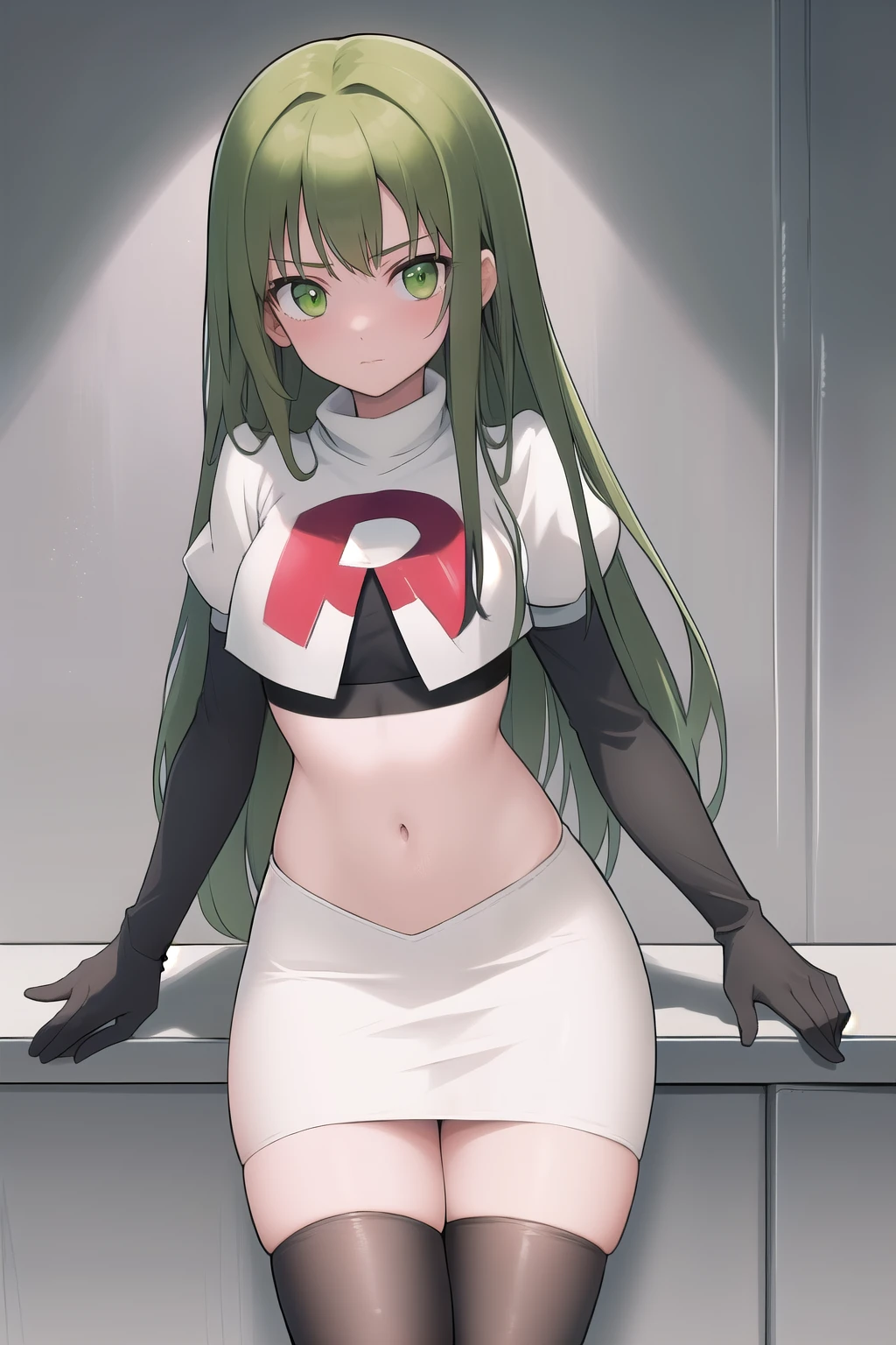 masterpiece, best quality, 1girl, solo, looking at viewer, blush, sitri, green eyes,green hair,team rocket,team rocket uniform,white skirt,red letter R,crop top,black thigh-highs,black elbow gloves