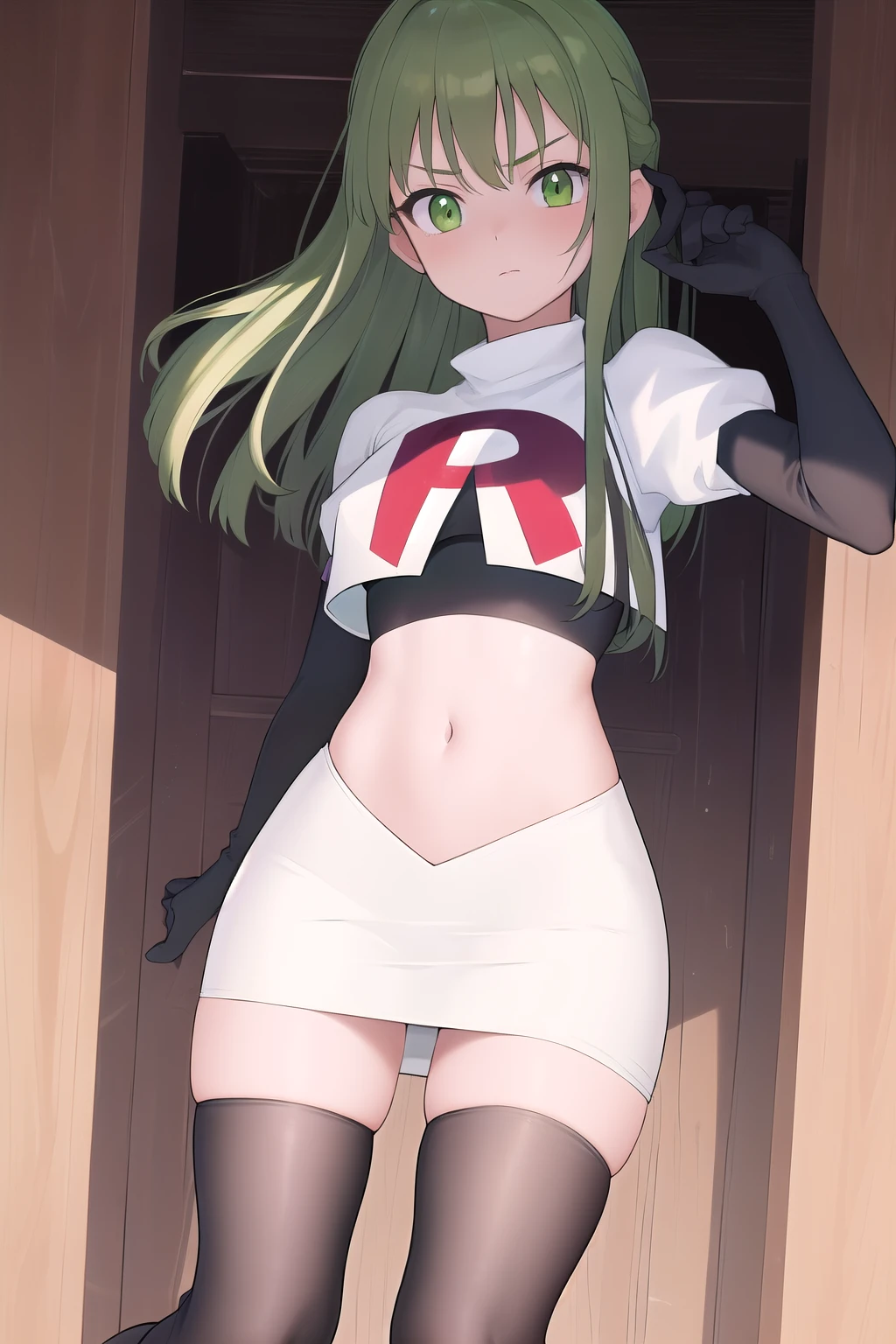 masterpiece, best quality, 1girl, solo, looking at viewer, blush, sitri, green eyes,green hair,team rocket,team rocket uniform,white skirt,red letter R,crop top,black thigh-highs,black elbow gloves