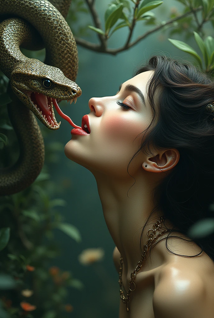 A snake is entering a beautiful woman's mouth