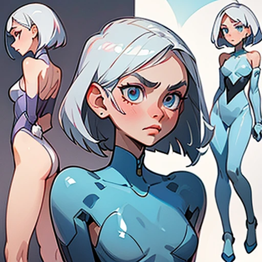 A girl with silver-white hair, straight and cut in a short bob style that falls just above her shoulders.
- Her hair is parted with a side part, leaving one side slightly longer than the other.
- Her bangs are long, partially covering her forehead and falling gently to the left side of her face.

- Her face is oval with delicate, well-defined features.
- She has clear, smooth skin, without blemishes.
- Her eyes are large and a light blue color, with an intense and determined look.
- Her eyebrows are thin, well-defined, and the same color as her hair.
- She has a small, straight nose, and her lips are thin, with a natural pink tone.

- with a slim, slender figure, with slightly angled shoulders.
- Her posture is straight and elegant, giving her an air of confidence and sophistication.

Dressed in White with blue, red and yellow highlights  erotic  Bunny suit and with Technological elements 

(((character sheet))) ((various views)) ((front and back) (Face detail) (full body)