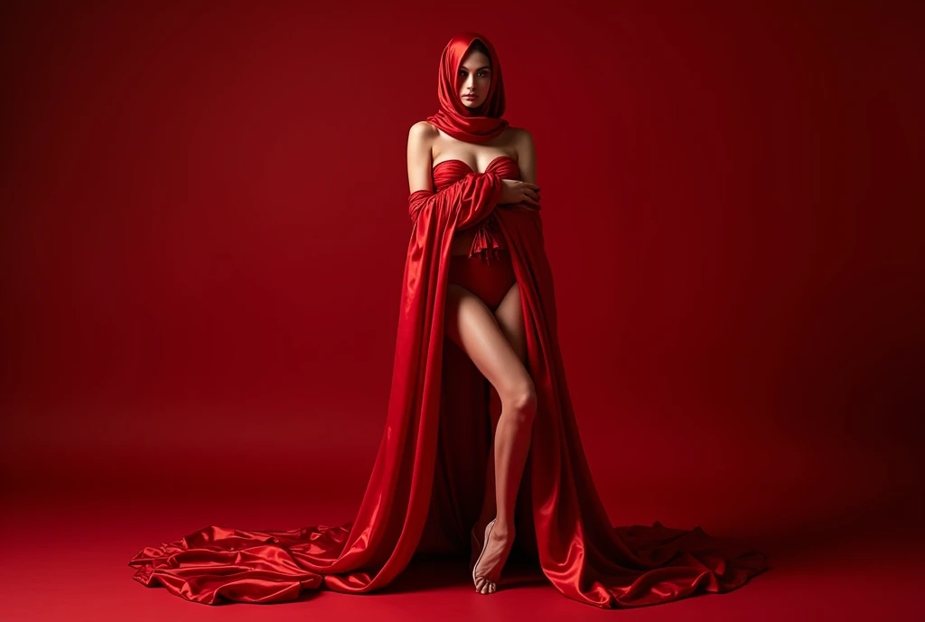 An alluring woman shrouded in a 4-meter-long, plush red satin cloth, tightly bound and grandly draping along the form of her body, flowing off into a pooled floor-length train, styled in a mermaid-inspired outfit, half naked, leg and arm tied with satin cloth, her head modestly veiled in a satin hijab, shiny fabric, a full-body pose conveying a sense of mysterious elegance, captured in a 4k resolution, ultra-realistic