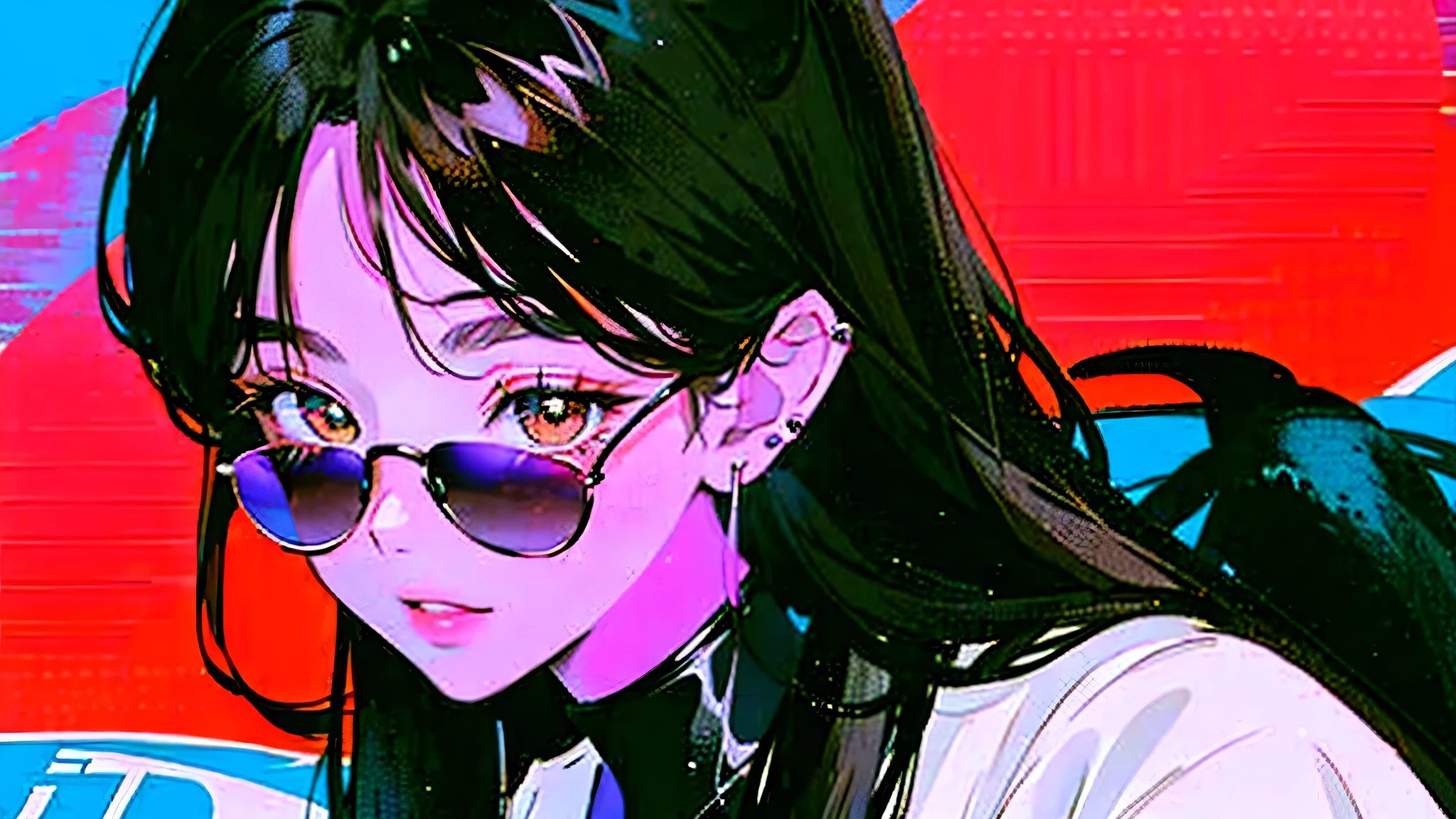 (Portraiture:1.4), (masterpiece:1.2, Highest quality:1.2), From above, Upper Body, One girl, look up, Face Focus, Highly detailed face, Very fine grain, good looking, compensate, Put your finger on your lips, sunglasses, Fashion Wear, Earrings,Highest quality, 8k, 1990s style,Hairstyles of the 2010s, 21 year old girl, Black Hair, Long Hair, Light brown eyes, City Pop, pants ,Night view, Wear headphones, whole body, Relax Coffee,table,making,look at me, Black cat