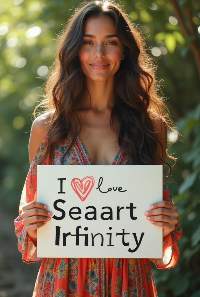 Beautiful girl with wavy long hair, bohemian dress, holding a white board with text "I Love Seaart Infinity" and showing it to the viewer
