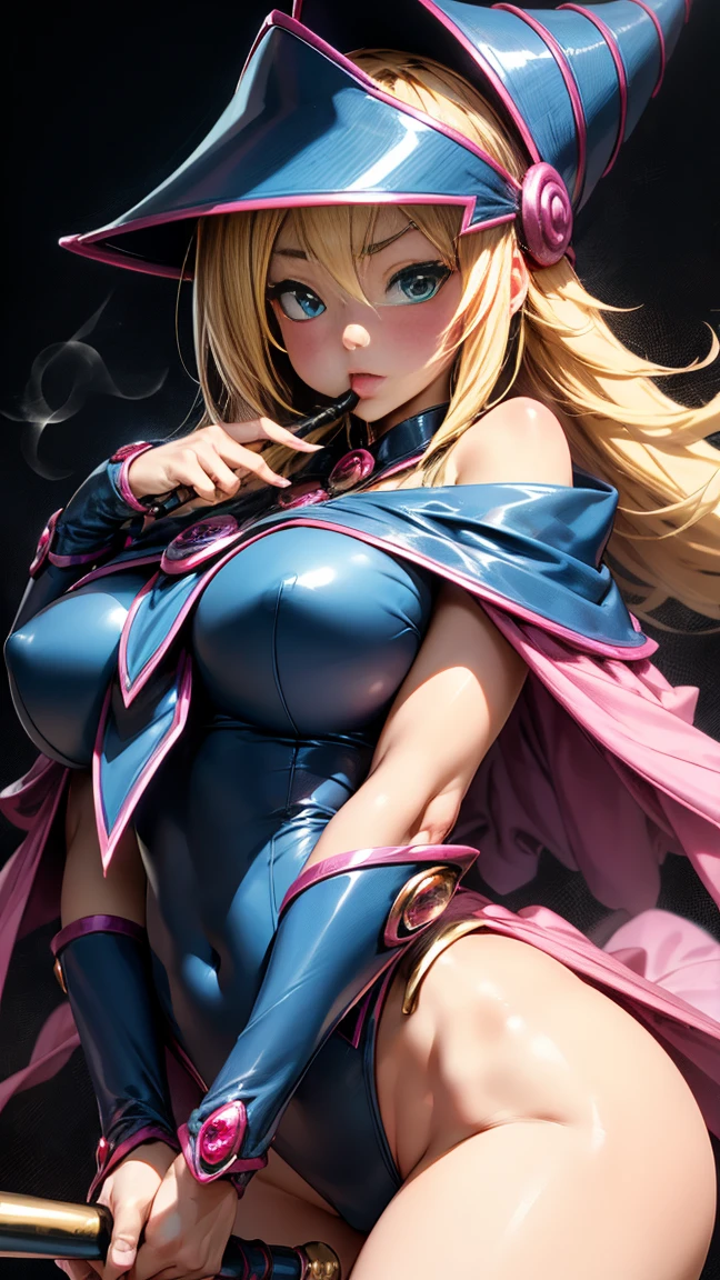black magician girl、super chestousthick、very blonde hair、magic circle、8k, 4k, of the highest quality, High resolution: 1.2),flicker、an exposed breast、cute anime face、pink blush on the cheeks.、noise removal、Leotard that bites、have a cane、Hold your cane、