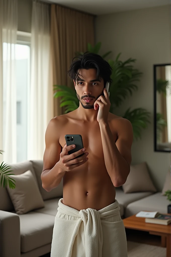 28 year old Indonesian male received a call on the living room phone after he had showered wearing only a towel under his body