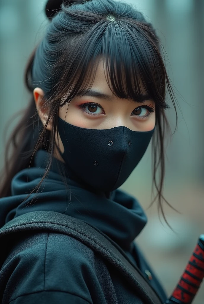superhero, modern super hero costume, ninja, ninja costume, ninja mask on the face, With a Chinese sword, Jin sword,with a Chinese sword, Beautiful Chinese woman, 20 years old, with blue eyes, Chinese woman with bangs, courageous character, Kind, Brave, determination, on the battlefield, atmospheric perspective, Motion blur, 8k, super detailing, Best quality, uhd, high detail