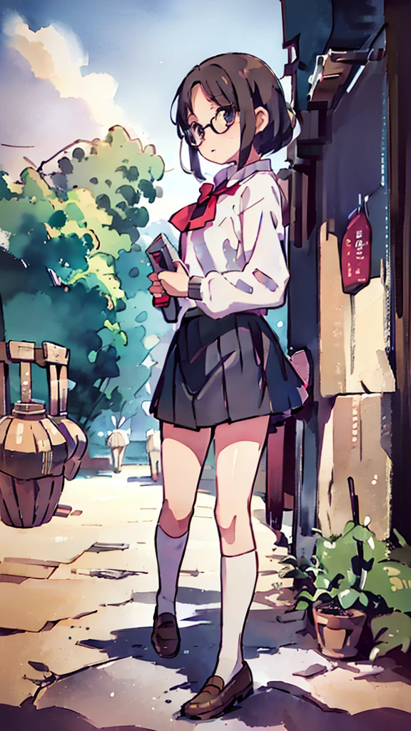 a beautiful detailed schoolgirl with short brown hair and red-framed glasses, wearing a white blouse and navy skirt, her white panties visible, navy socks and brown loafers, in a state of arousal and trembling with sexual climax, simple illustration style, in a nichijou (everyday life) setting, (best quality,4k,hdr,masterpiece:1.2),ultra-detailed,(realistic,photorealistic,photo-realistic:1.37),extremely detailed eyes and face,longeyelashes,vivid colors