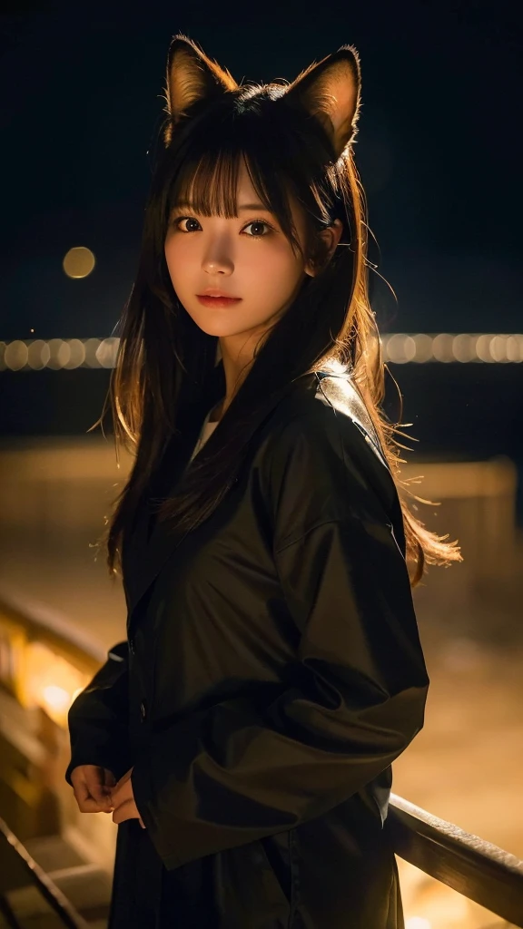 ((Highest quality, 8k, masterpiece: 1.3)), One girl, Slim like a fox、9 syrups and、Burning gold in the dark night、Ambient light and dark lighting focusing on girl、In a Japanese city with light and shadow effects caused by an illuminated aura。.