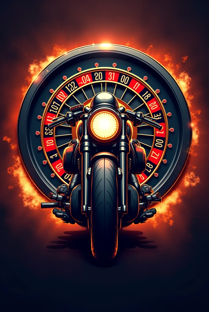 A logo that has a motorcycle at the bottom, a casino roulette wheel in the back and a card game