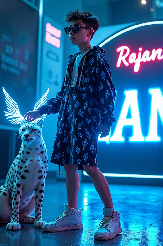 Create a 3D illusion for a profile picture where an 18 year old boy with sunglasses and a blue and black lightning dress sits relaxed on a helicopter fantasy. With HandPanch hand blue neon light. And a fierce White Cheetah by my side. Wearing sneakers, he looked ahead. The background features a large 'Rajan' in the large Light Game Room and a large blue neon light font on a large black wall.. There should be no shadow, and there are wings to be made