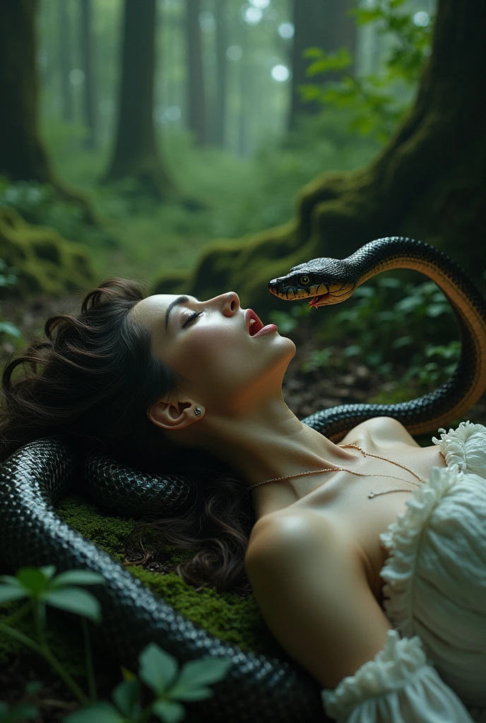 A snake is entering the mouth of a beautiful woman, and the woman is lying in the forest in pain.