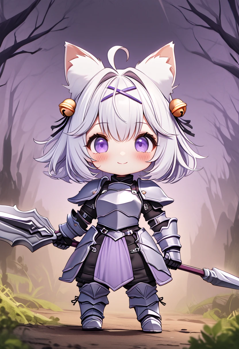 master piece, best quality, ultra-detailed, illustration, 1girl, solo, chibi, (big head), cute pose, front view, looking at viewer, ((full body Close up)), filian, filianoverall, Filiansailor, ((white hair)) , short hair, shoulder length hair, fly-away hair, (purple hair ornament:1.3), bangs, (purple hairclip:1.3), cat ears, (hair bell:1.3) ahoge, purple eyes, blush, smiling, fluffy fox tail, ((spear knight outfit)), knight's armor, metal breastplate, armored gloves, holding a spear , metal greaves, armored boots, spooky forest background, gloomy atmosphere, broken trees