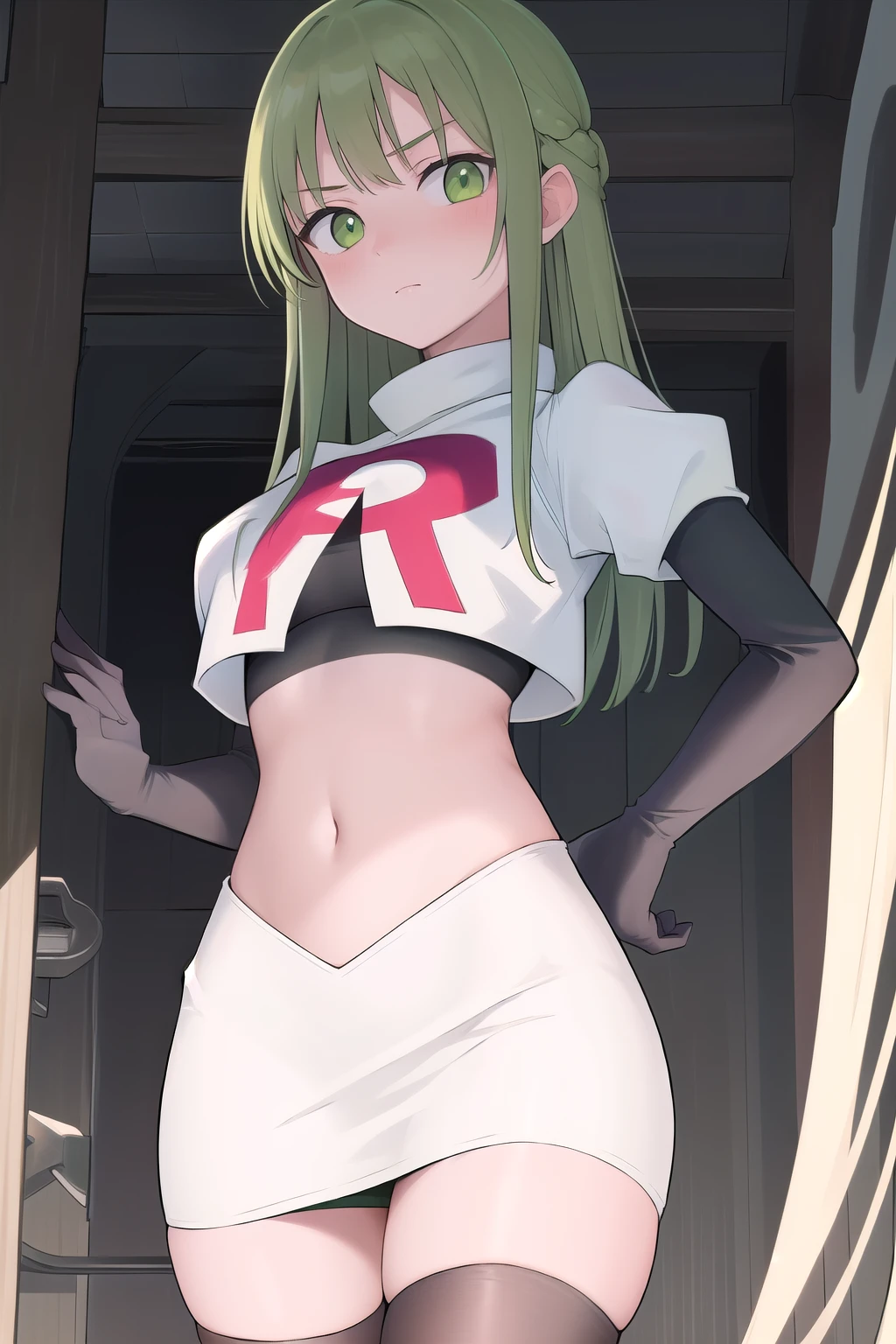 masterpiece, best quality, 1girl, solo, looking at viewer, blush, sitri, green eyes,green hair,team rocket,team rocket uniform,white skirt,red letter R,crop top,black thigh-highs,black elbow gloves