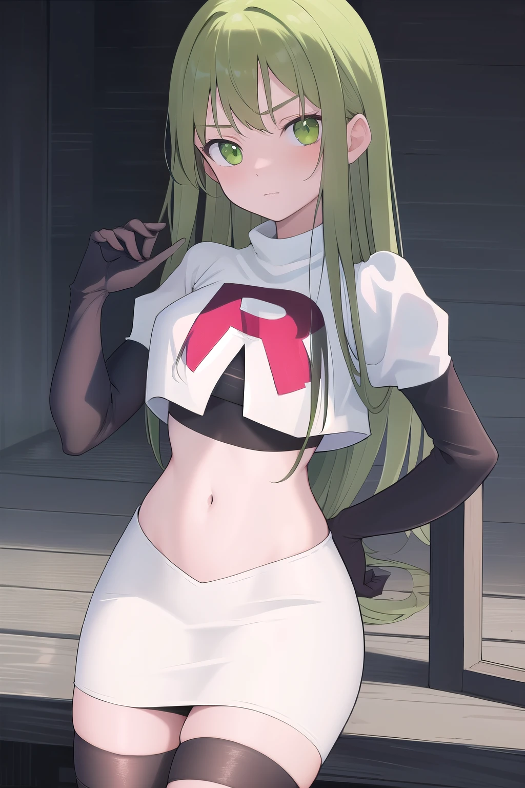 masterpiece, best quality, 1girl, solo, looking at viewer, blush, sitri, green eyes,green hair,team rocket,team rocket uniform,white skirt,red letter R,crop top,black thigh-highs,black elbow gloves