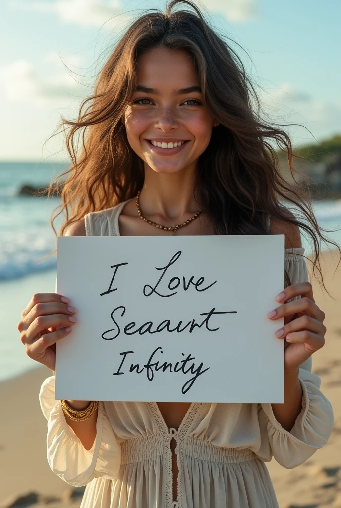 Beautiful girl with wavy long hair, bohemian dress, holding a white board with text "I Love Seaart Infinity" and showing it to the viewer